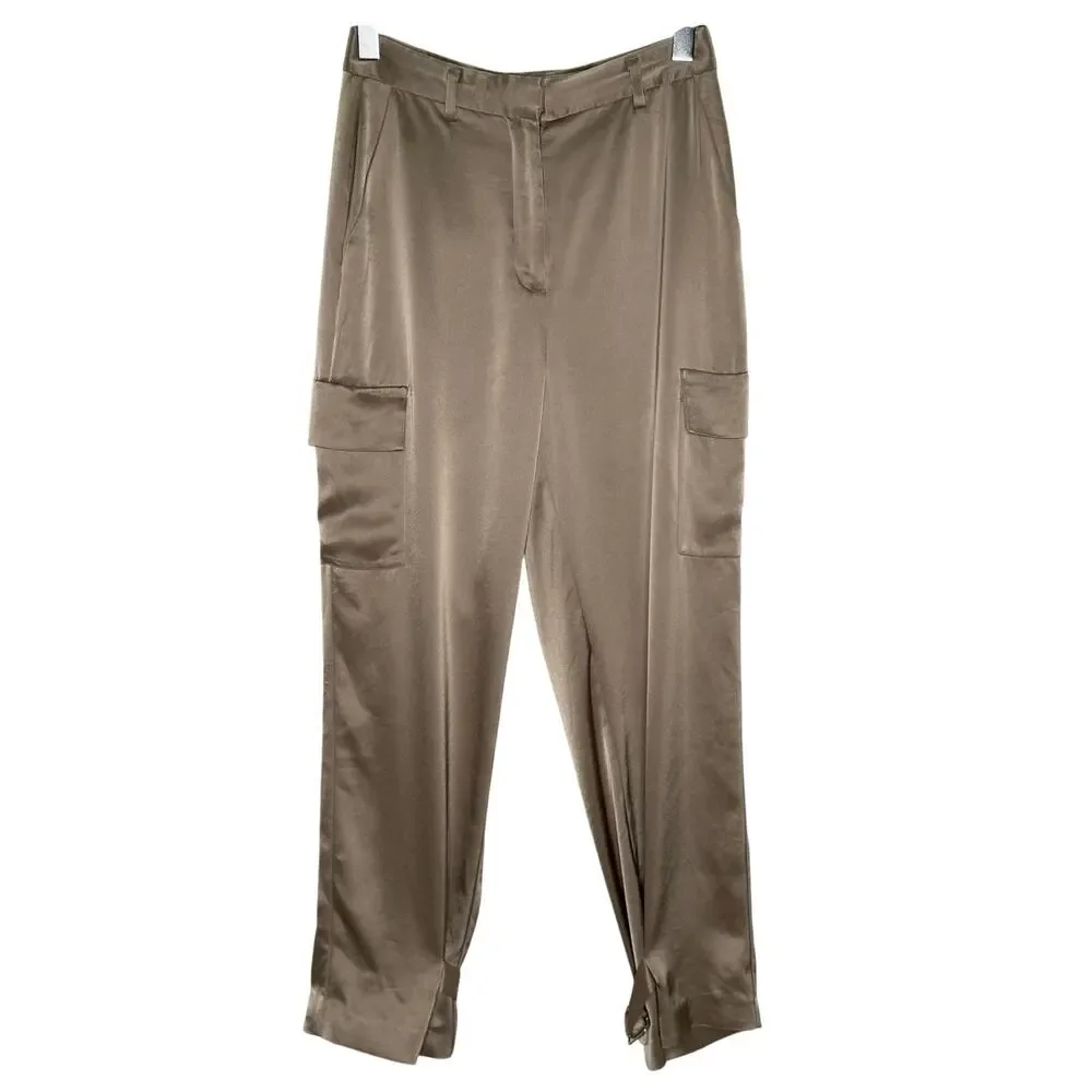 Aritzia Babaton Refined Satin Cargo Pant 4 Tan Bronze Shimmer Adjustable Ankle
